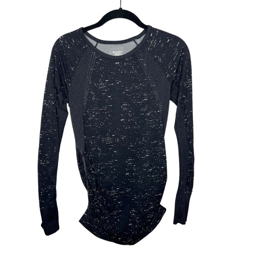 ATHLETA / Speedlight black speckled ruched long sleeve fitted athletic top / S